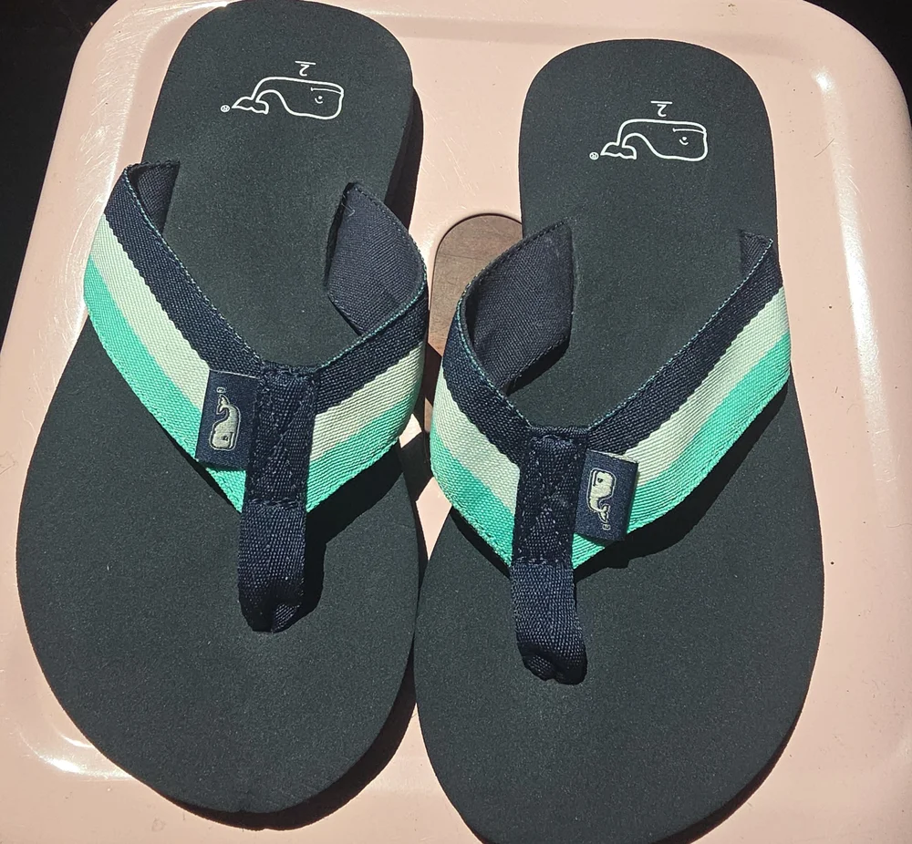 Vineyard Vines Navy Flip Flops with Mint and Green Stripes